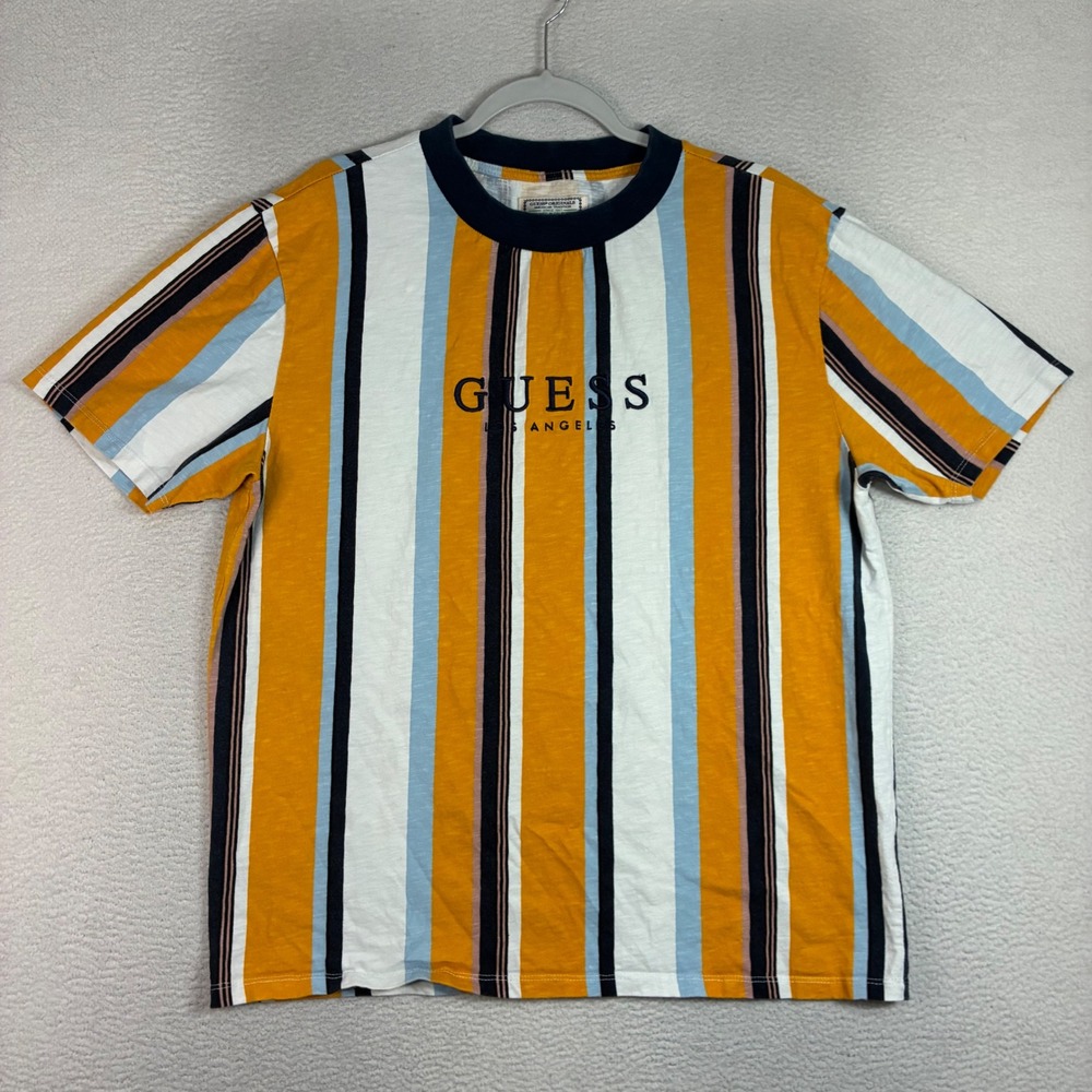 Guess Originals T Shirt Men M Orange Striped Crewneck Retro Spellout Streetwear